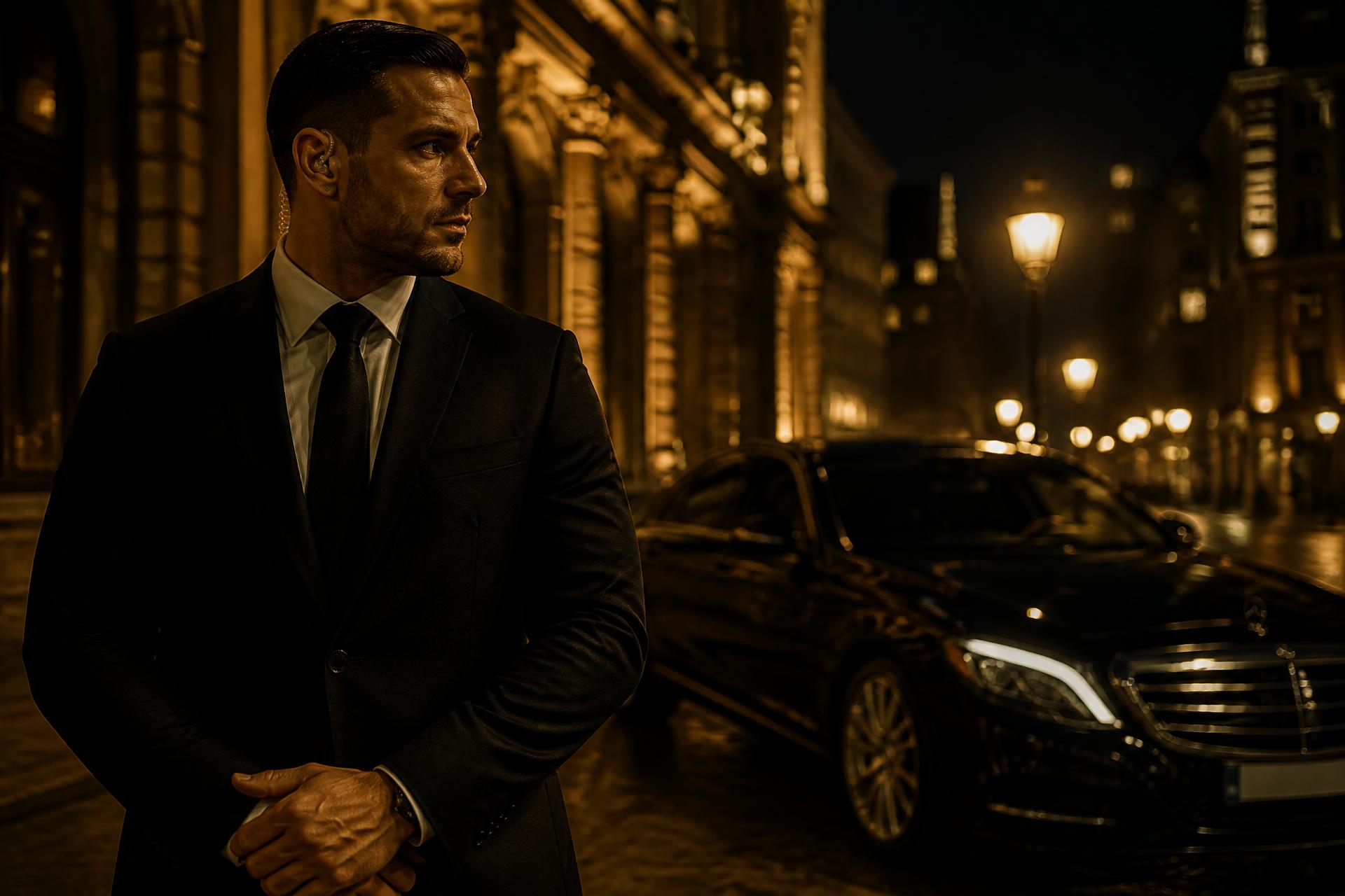 Verified UK close protection officer beside a luxury chauffeur vehicle at night